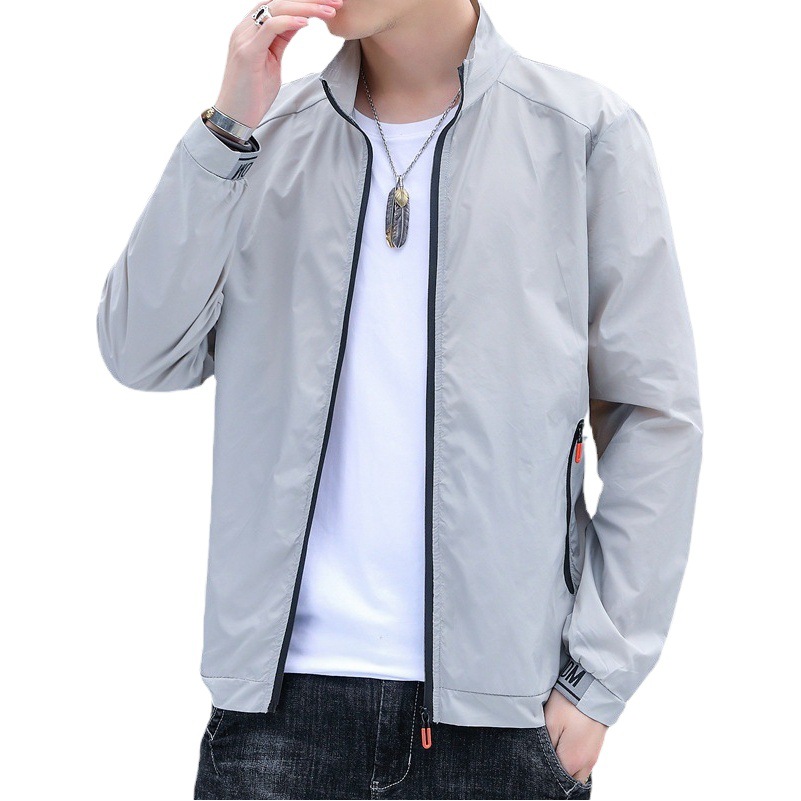 Verano nuevos hombres ropa de protección solar chaqueta seda del hielo estilo coreano moda al aire libre delgada capa piel collar soporte ocasional