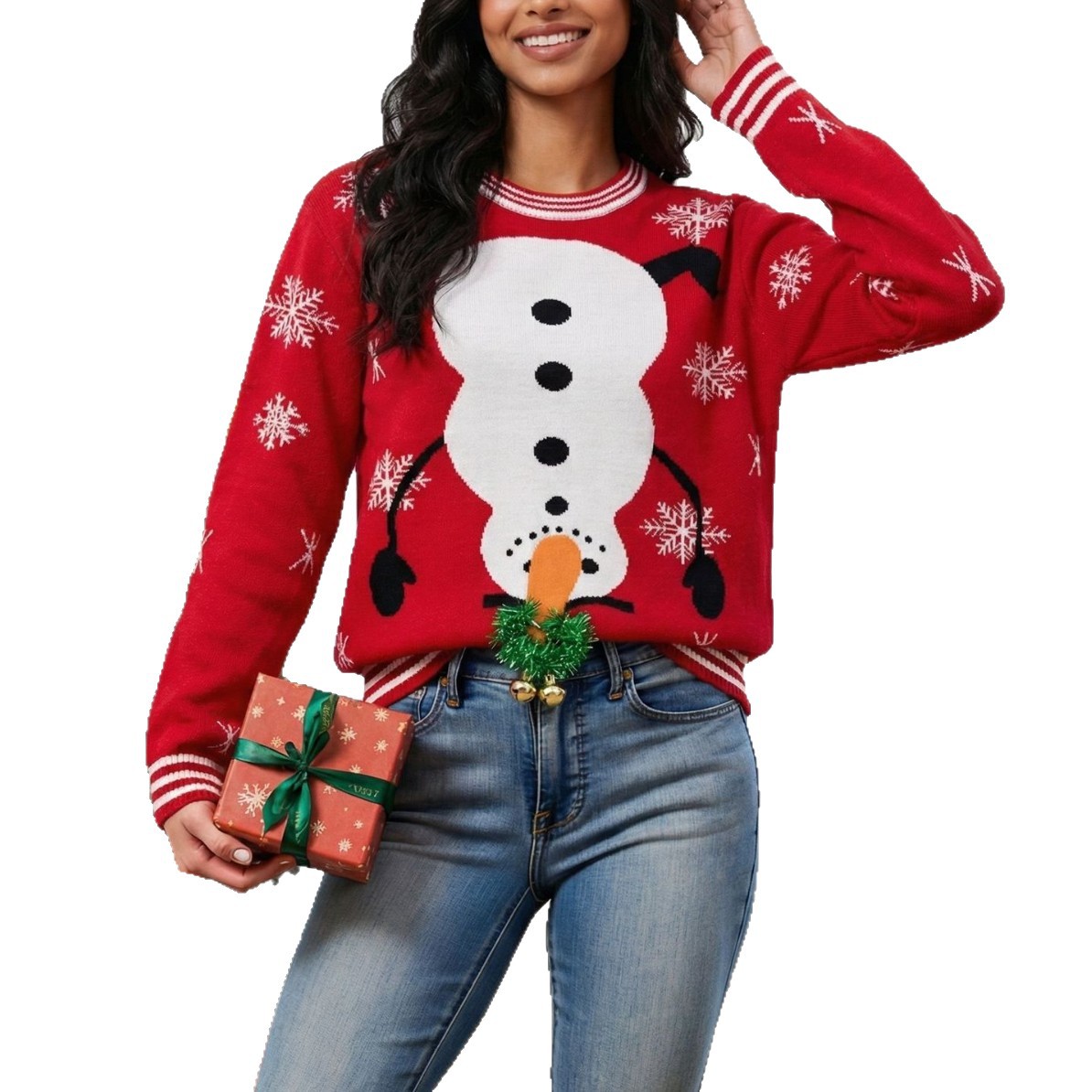 Christmas theme snowman knitted sweater three-dimensional bell bright silk stitching long-sleeved pullover sweater processing and customization