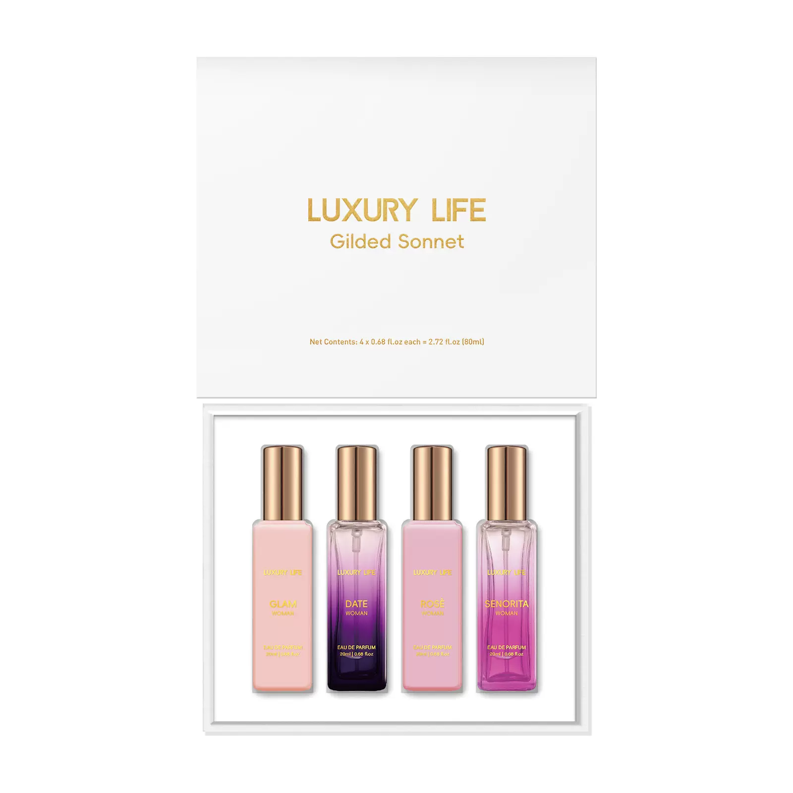 跨境TK-TEMU香水礼盒香氛迷人清新持久留香粉紫/蓝白琥珀4X20ml