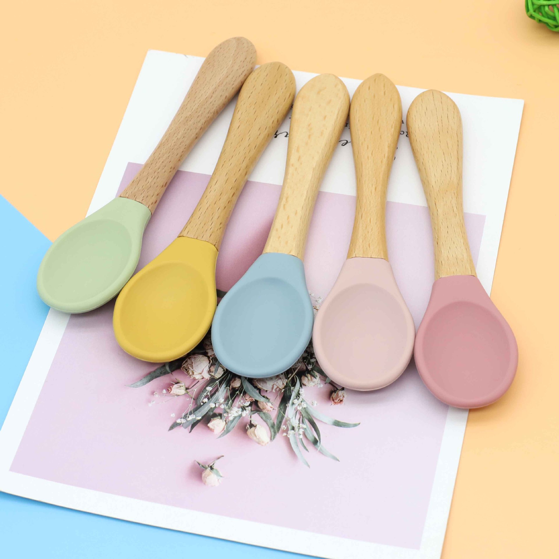 Bebé mango de madera tenedor cuchara traje de alimentación de los niños de madera mango tenedor cuchara conjunto cuchara de silicona tenedor bebé alimento suplemento tenedor cuchara traje image 5