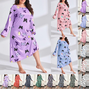 2025 European and American Fat Woman Amazon Long-Sleeved Butterfly Heart Leopard Print Off-Shoulder Large Size Long Nightgown Dress