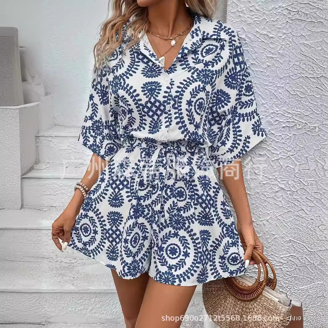 2024 European and American Summer New Wish Amazon Cross-border Casual Women's Full Printed Bat Sleeve Belted Pants