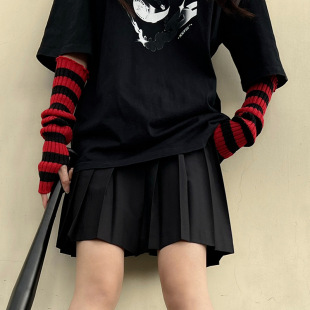 Preppy style Japanese style autumn and winter warm hot girl oversleeves Street red and black striped jk knitted long women's pile gloves
