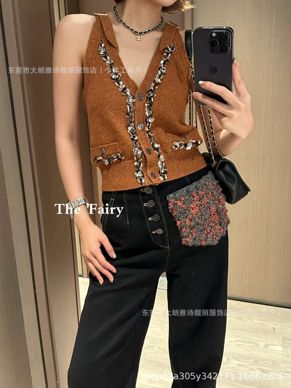 小香风高版本CH家25早秋新款重工亮片花朵V领针织开衫背心上衣女|undefined