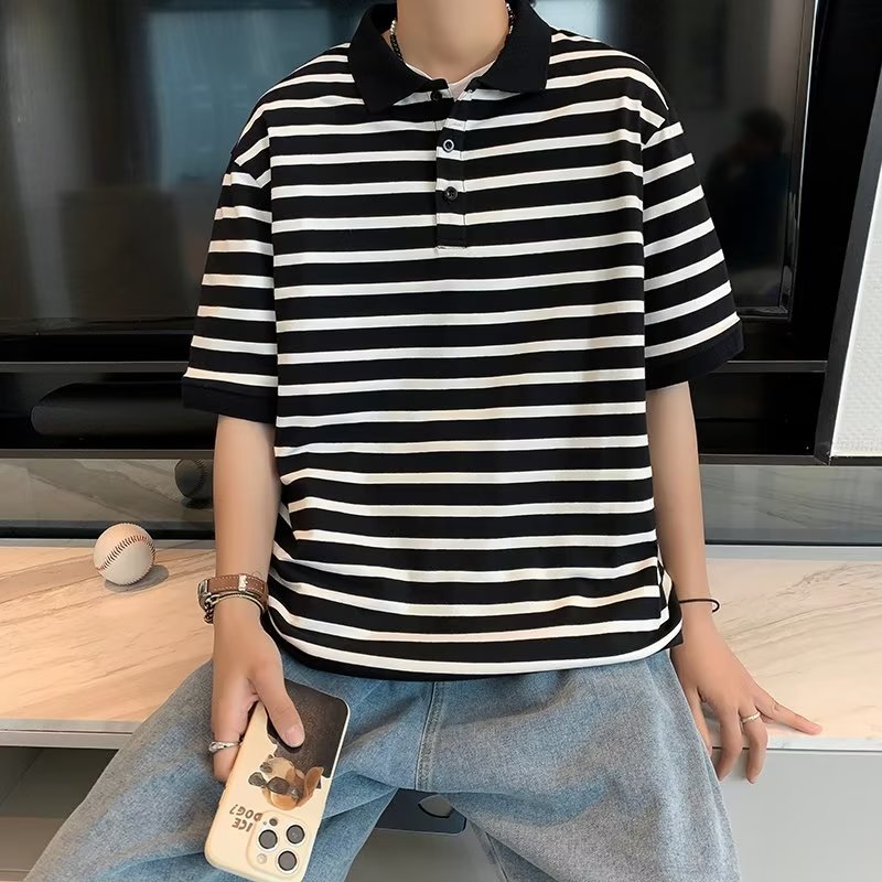 Polo casual de solapa para hombre Camiseta de manga corta Camiseta de fondo de ropa de clase para jóvenes de hombre a rayas