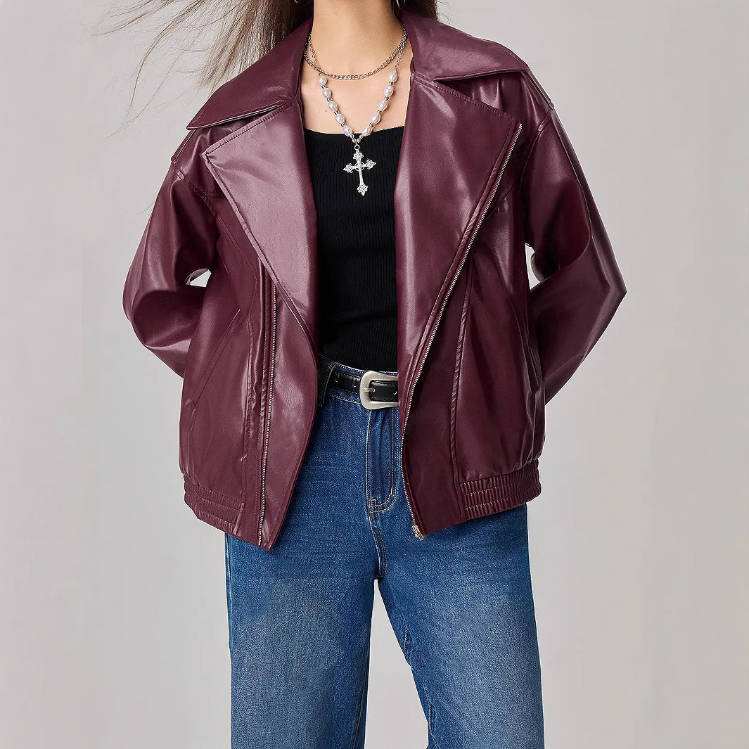 Ready Stock-73179 # Amazon Cross-Border Export Women's Clothing European and American Ins Fashion Loose Long-Sleeved Leather Jacket