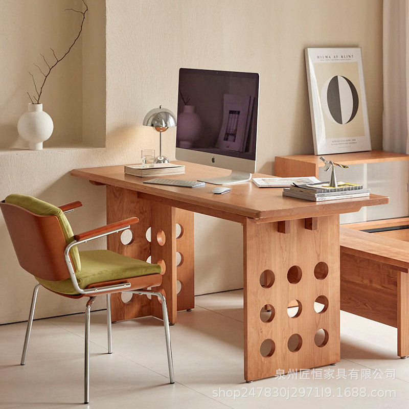 Natural wood style solid wood desk and dining table, dual-purpose for small living rooms, cherry wood long table for home use