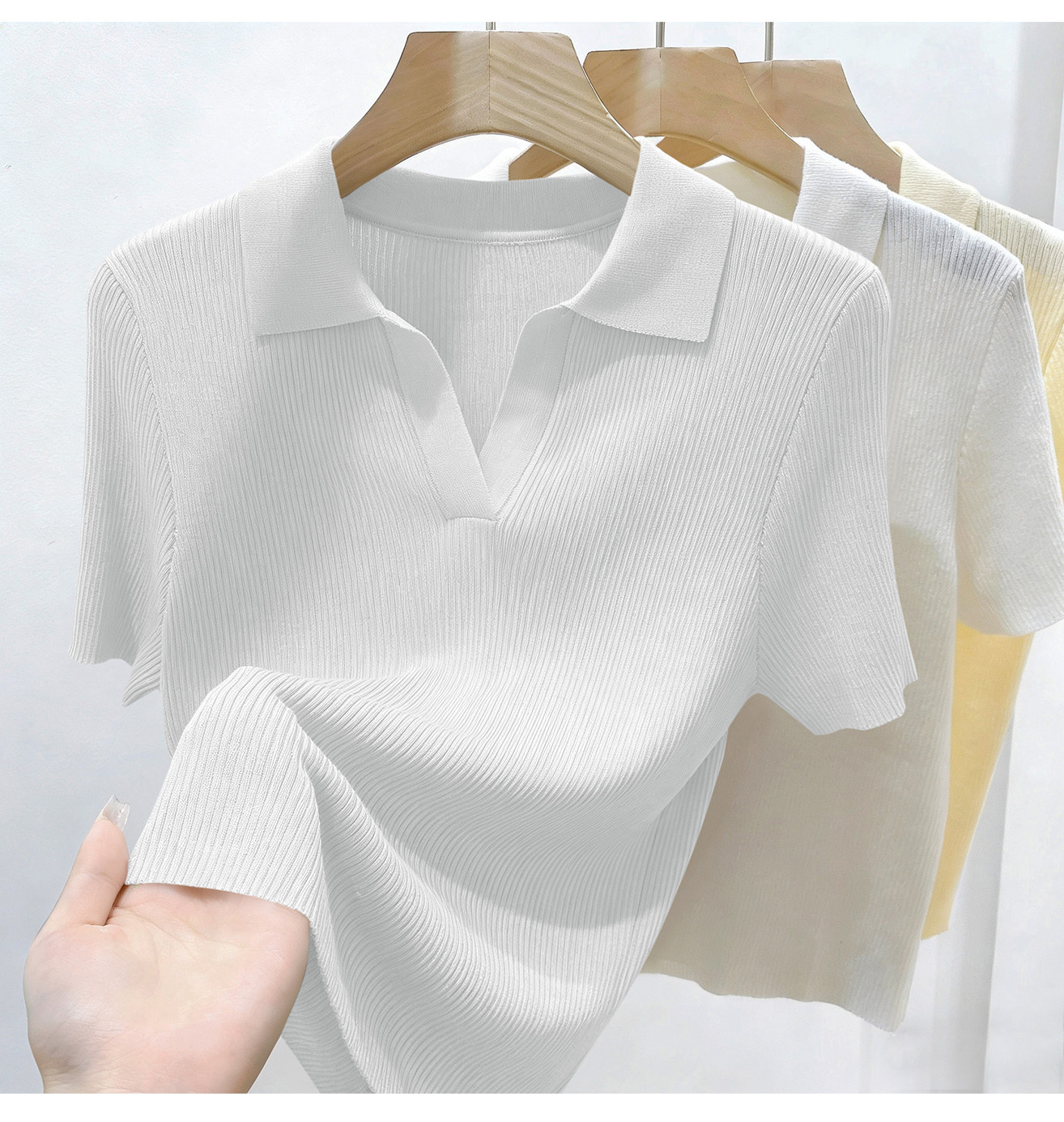 Áo thun nữ cổ polo tay ngắn dáng ôm chất liệu len mỏng mùa hè — màu xanh nhạt chi tiết 3