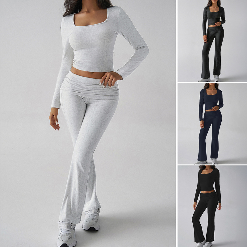 Diyun Cross-Border Export 2024 Autumn and Winter European and American Pure Color Casual Knitted Long-Sleeved Tops Yoga Wear Two-Piece Pants Suit