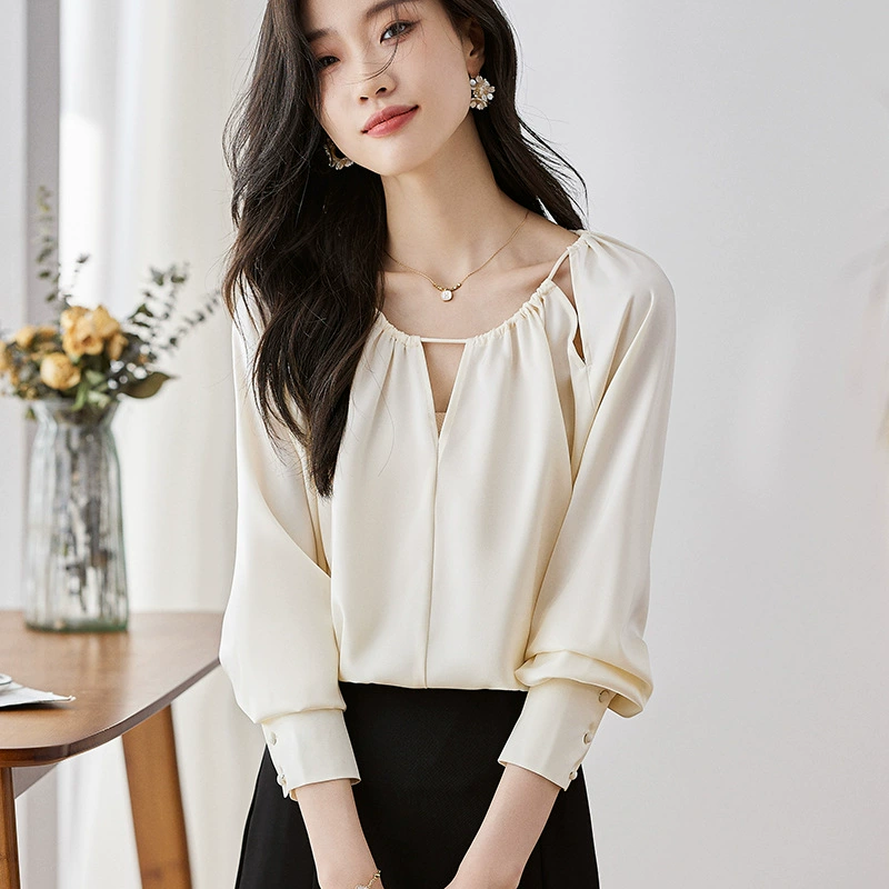 Абрикосовая рубашка 2024 абрикосовая рубашка женская весенняя французская атласная рубашка чувство дизайна нишевые топы женская одежда