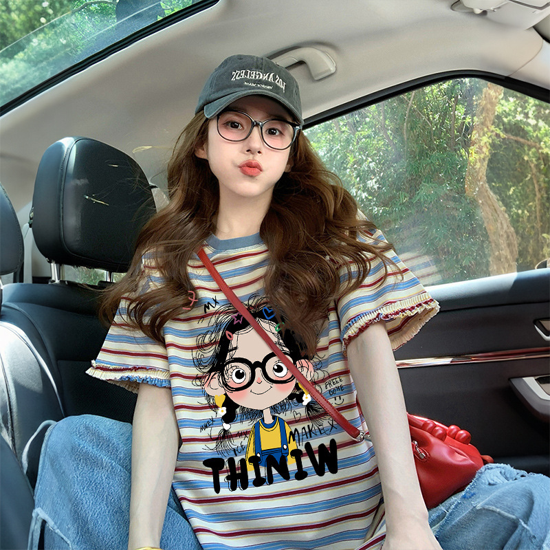 College Style Pure Cotton Lace Stripesd Short-Sleeved T-Shirt Women's Summer New Loose Large Size Women's Student Age-Reducing Tops