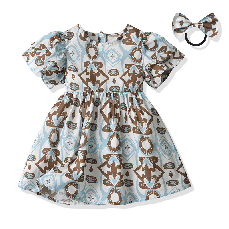 Fábrica directa nuevo vestido de niña de verano cuello redondo cintura de manga corta impresión falda princesa regalar falda de cuerda
