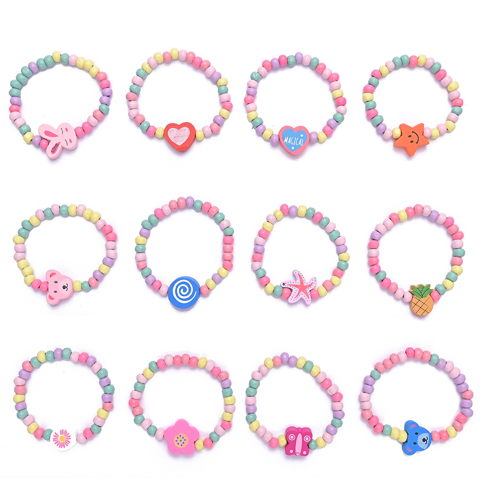 Cartoon Style Heart Shape Wood Kidu0027S Bracelets 12 Pieces