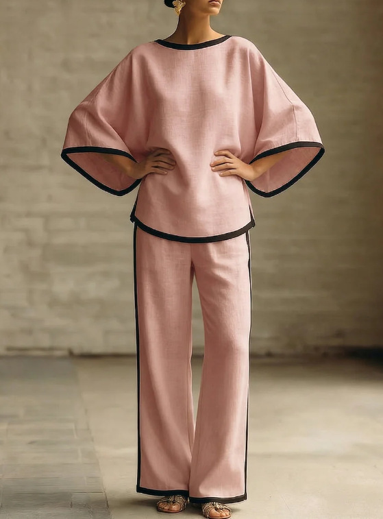 Women's Elegant Two Piece Set round Neck Batwing Sleeve Loose Fit Cotton Linen Top And Pants Outfit_ecoleips.com