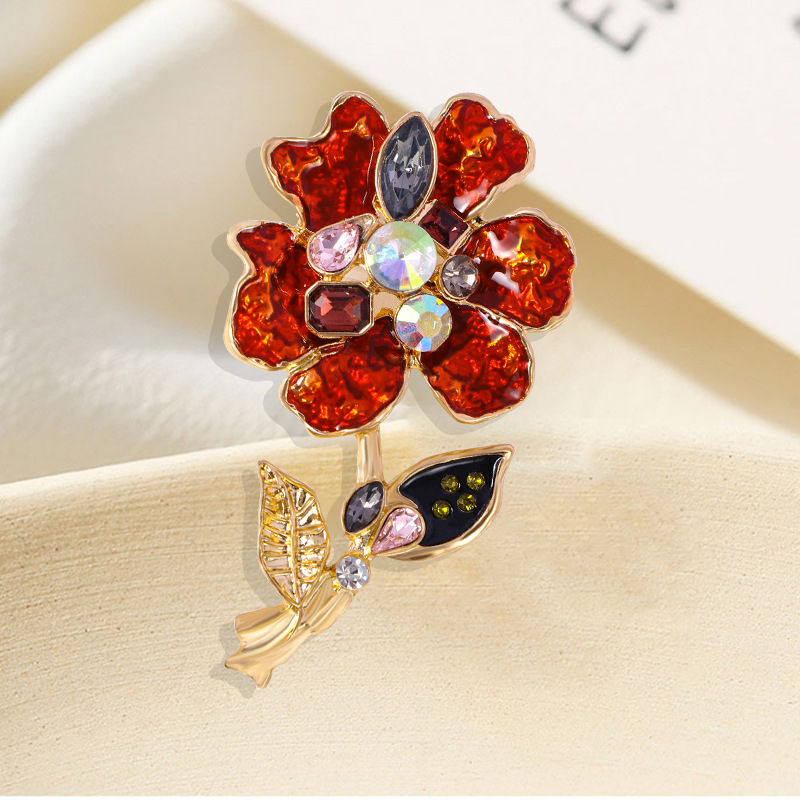 Diamond-embedded fashion vintage flower brooch gem flower pin enamel painting oil clothing corsage women's clothing accessories