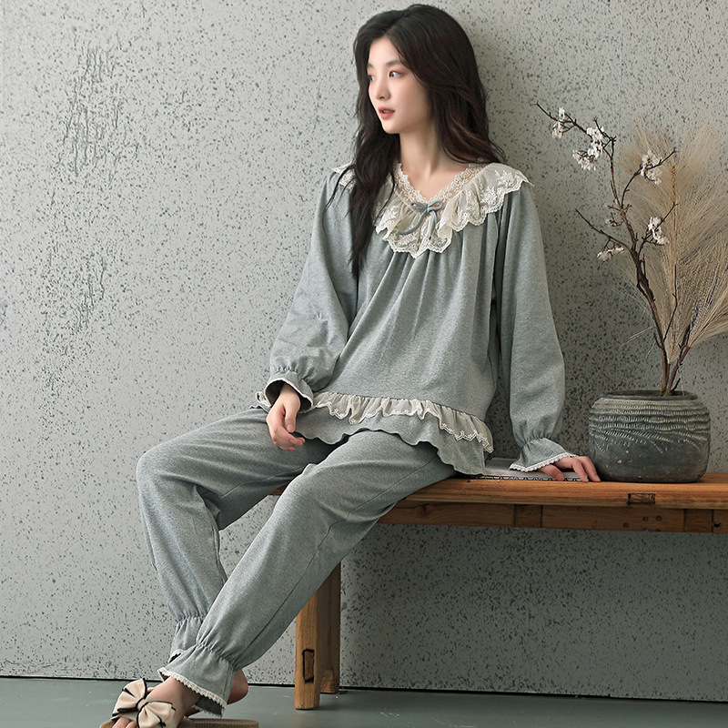 봄과 가을 새로운 격자 무늬 면 파자마 긴팔 바지 여성용 코튼 벨트 가슴 패드 겉옷 플러스 사이즈 홈 옷