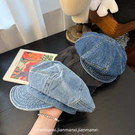 2025新款超大牛仔水洗贝雷帽云朵帽女显脸小大头围八角帽素色帽子