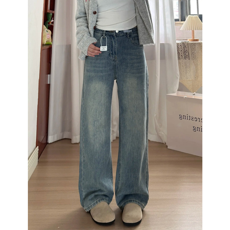 Vintage Blue Wide Leg Jeans Women's Spring and Autumn New High Waist Loose plus size Slimming chubby girl Pear-Shaped Figure Straight Pants