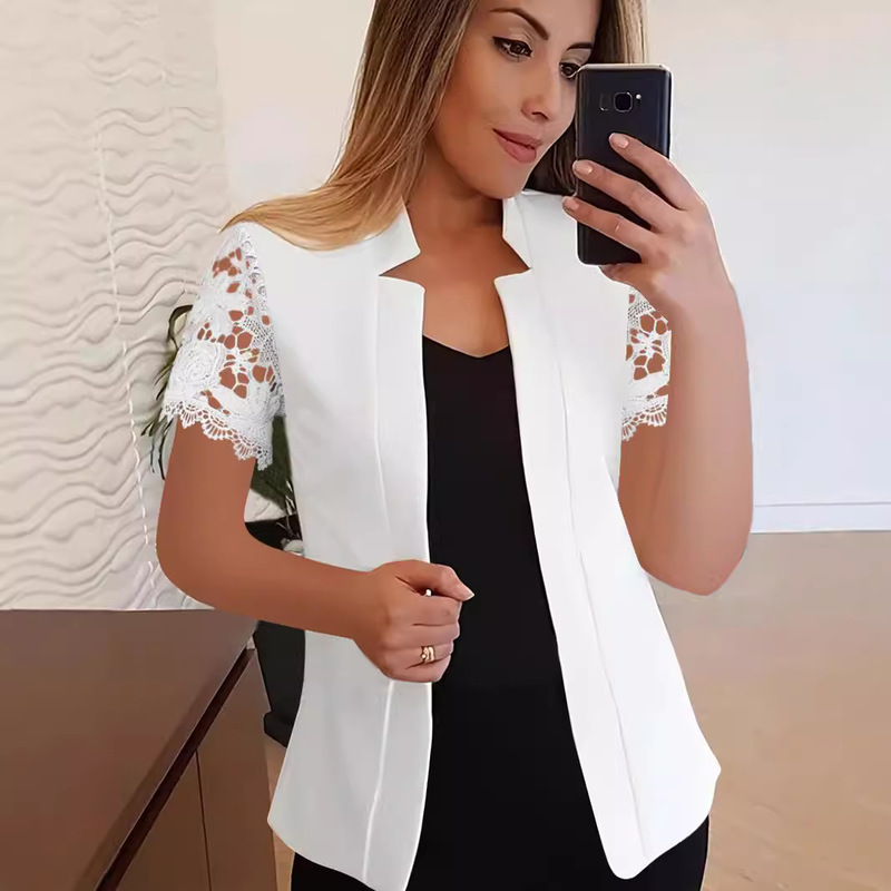 2024 New Amazon Hot Solid Color Elegant Lace Short-sleeved Small Suit Jacket Professional Casual All-match Suit
