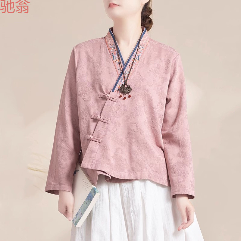 H8A Chinese Style Retro Embroidery Plate Button Cotton and Linen Long Sleeve Cardigan Han Dynasty Women's Casual Wide
