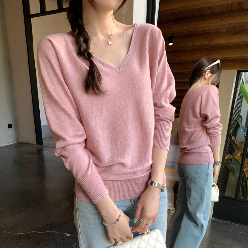 欧货慵懒松弛感粉色v领长袖针织衫女2025秋季新款简约流行小上衣|undefined