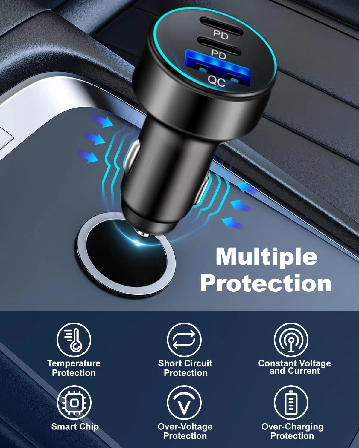 Cross-Border 2C1A Car Charger Suitable for Apple 15 and 16 Super Fast Charging, One-To-Three Car Charger with 78W High Power