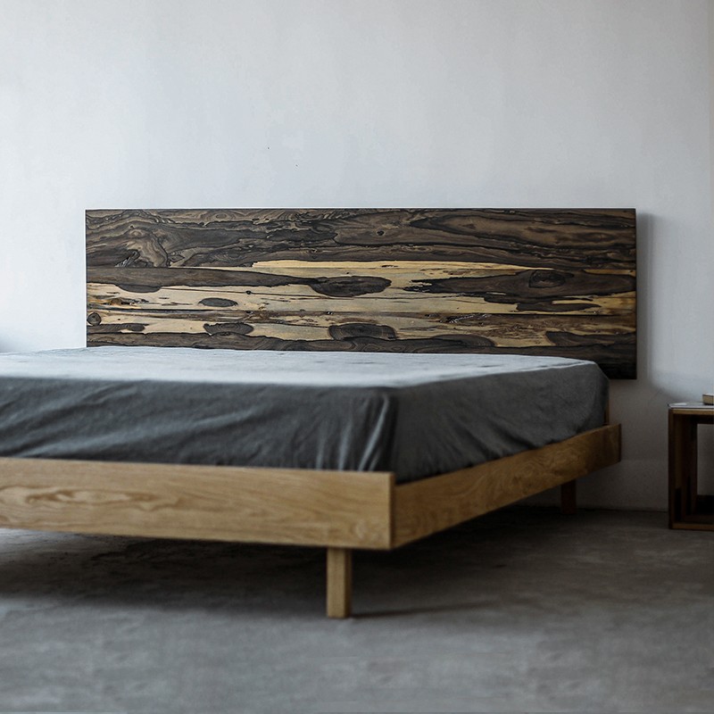 侘寂风双人床原木自然床头板主卧大床极简酒店民宿创意黑胡桃木|ms