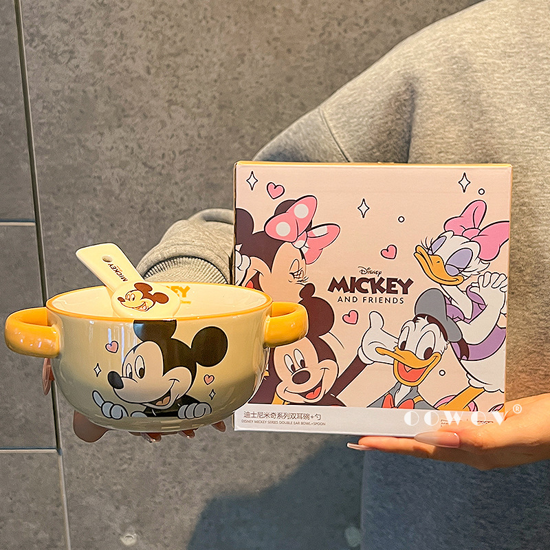 Mickey and Minnie Kidsren's Household Ceramic Double-Eared Bowl High Temperature Resistant Soup Rice Bowl Cute Underglaze Color Tableware Birthday Gift