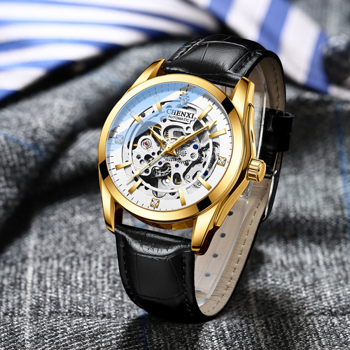 CHENXI fully automatic mechanical watch men's leather strap hollow mechanical watch luminous waterproof cross-border watch
