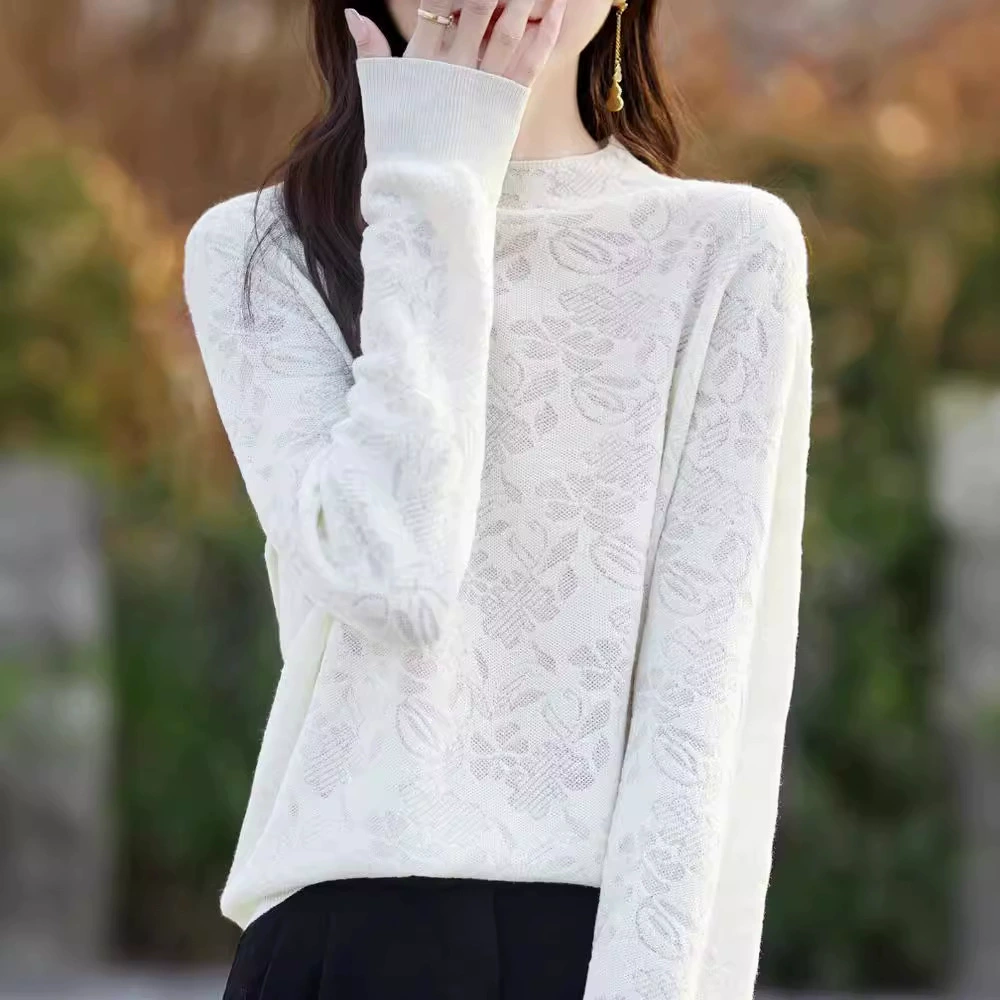 Весна и осень Новая камвольная шерстяная Женская водолазка с золотым и серебряным шелковым тонким свитером, свободная трехмерная вязаная основа крючком