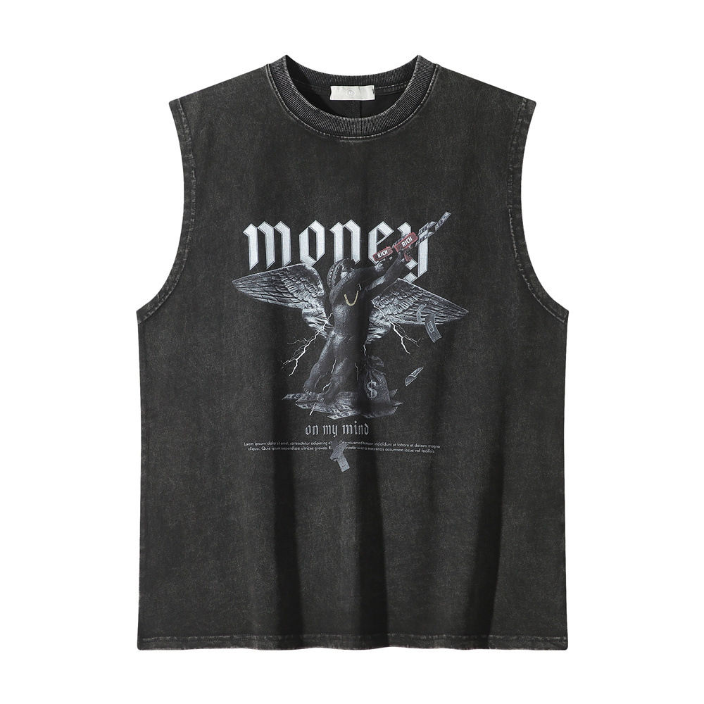 Dark Angel Printed Casual Vest For Men Summer Washed Old Waistcoat Loose Bottoming Shirt Sleeveless T-shirt