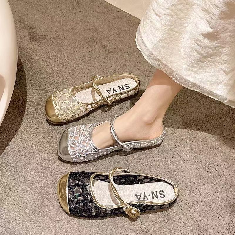 High-End Fashion Flat Sandals for Women 2025 New High-Looking Mesh Hollow Toe Half Slippers for Women Summer Outer Wear