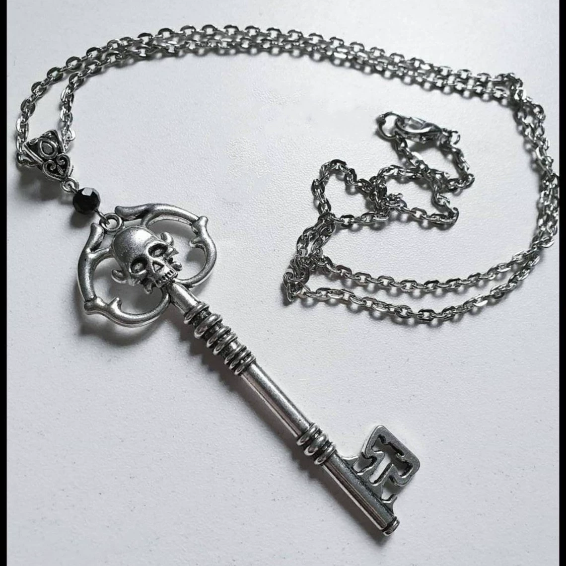Key pendant necklace, antique silver with crystal accent, gothic style, alloy, 8.8×6.8×1 cm