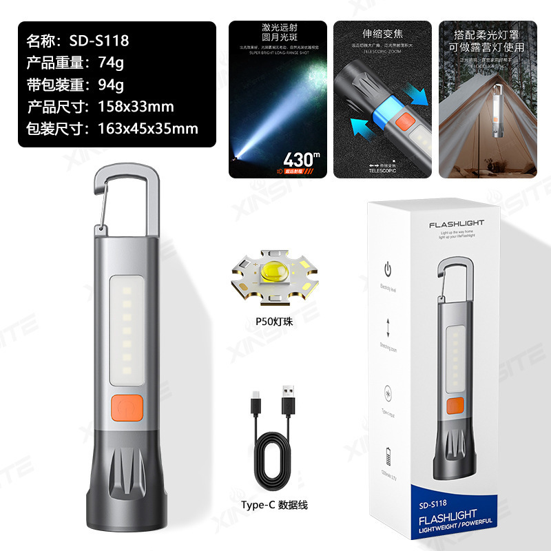 クロスボーダーホワイトレーザー懐中電灯ハイパワーアルミヘッド伸縮ズーム多機能屋外照明強力なライトデジタルディスプレイ懐中電灯|undefined