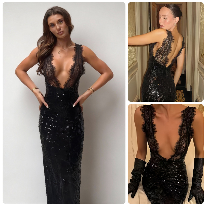 2025 New Black Lace Sequin Dress, Deep V-Neck Sleeveless Slim-Fit Bodycon Dress, Nightclub Party Dress