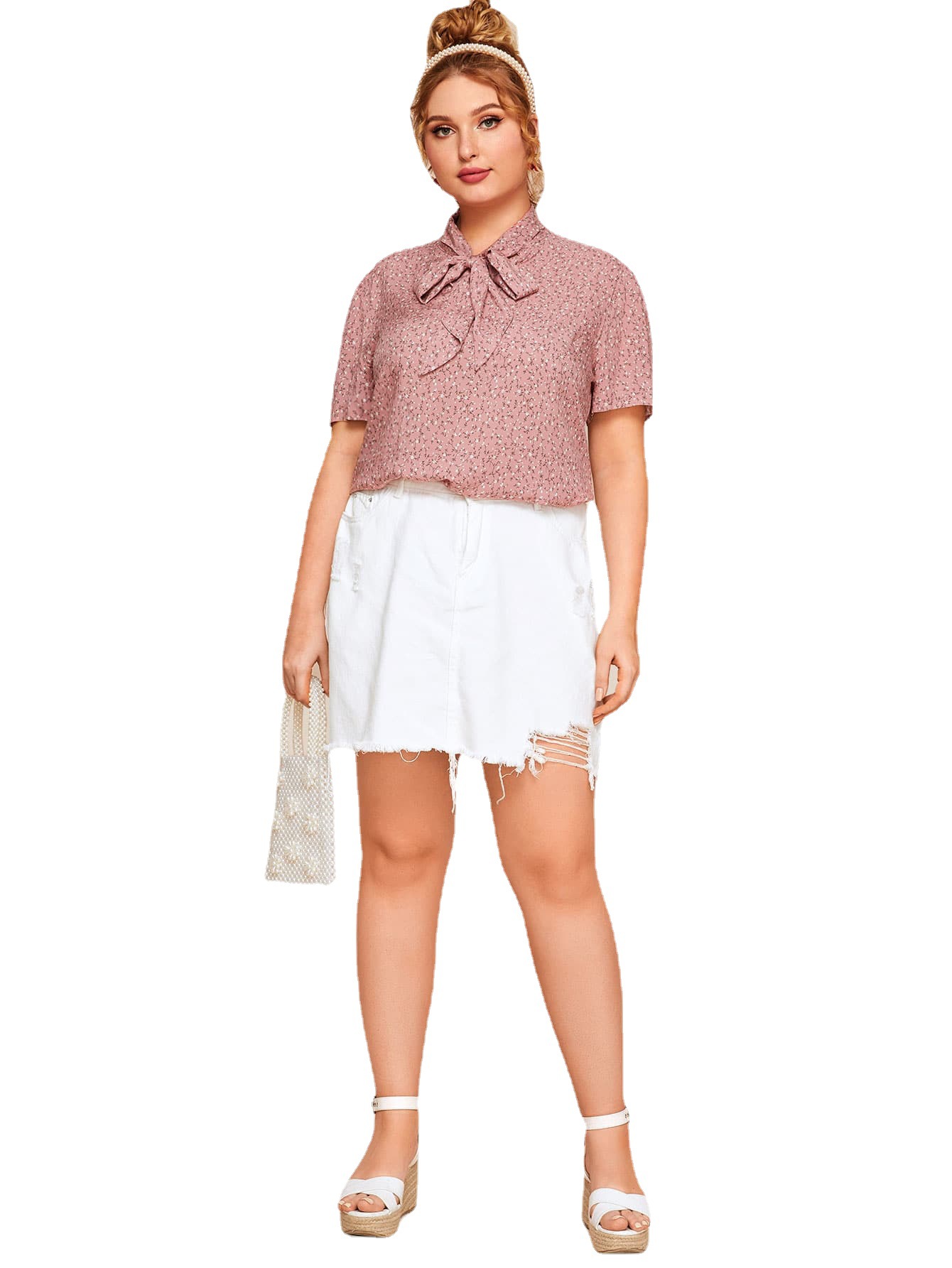 独立站热销爆款外贸大码女装上衣衬衫人棉印花领带设计