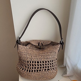 2025 New Handmade Crochet Hand-Held Armpit Bag Wax Rope Straw Bag Retro Hand Bag Niche Bucket Bag