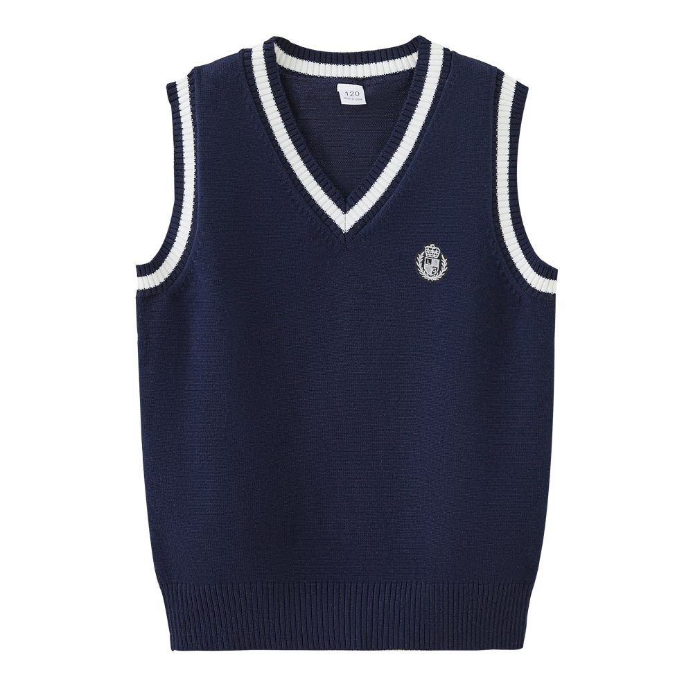 Nuevo estilo transfronterizo primavera y otoño cuello en V color de contraste suéter para niños grandes y medianos chaleco uniforme escolar al por mayor chaleco de punto para niñas