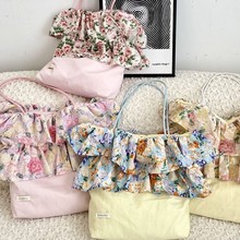 5423 新款复古玫瑰碎花拼接单肩包女荷叶边大容量通勤手提腋下包