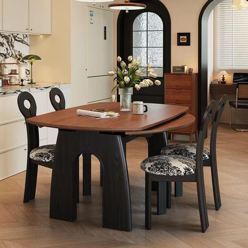 Medieval Style Solid Wood Ash Retractable Dining Table Variable Round Table Home Small Apartment French Retro Dining Table