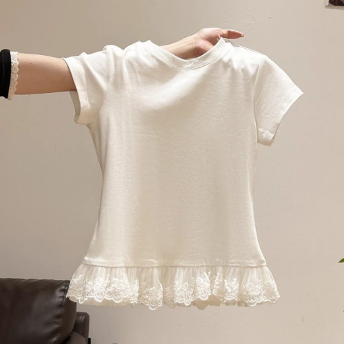 White Lace Splicing Ballet Style Short-Sleeve T-Shirt for Women - Spring and Summer New Arrival - Cross-Border Shipping - Fitted Base Layer Top
