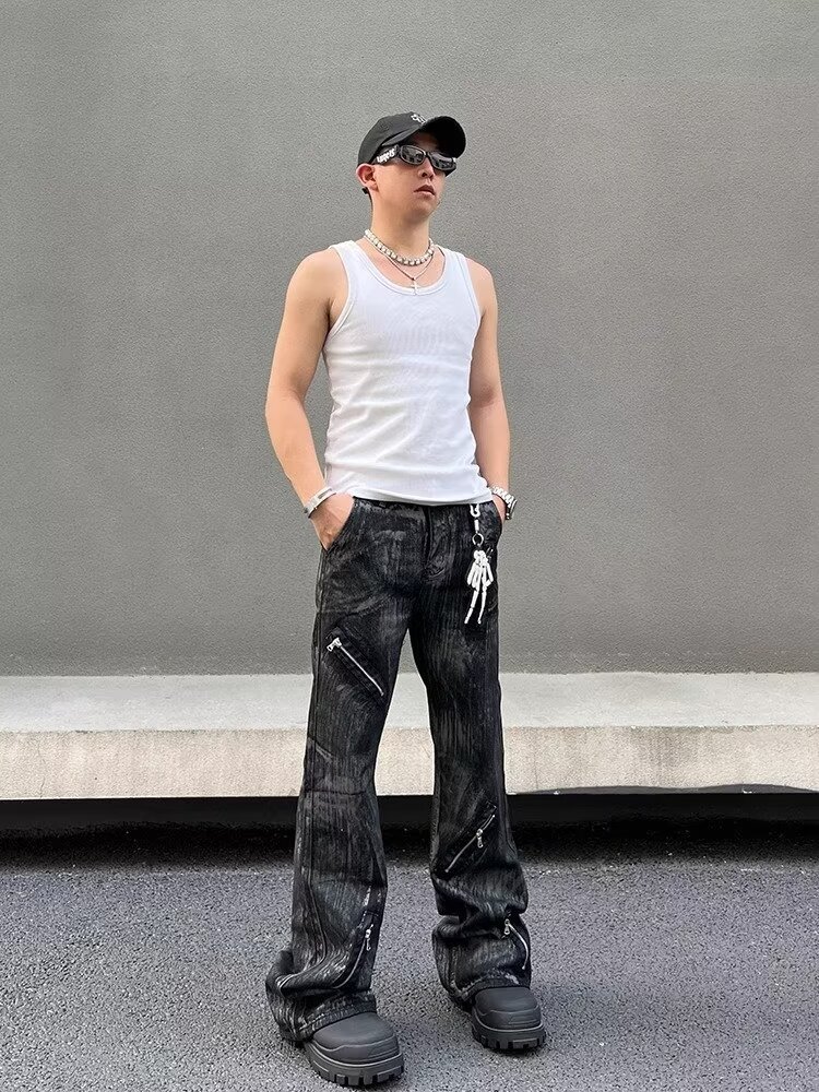 Men's Retro Distressed Flared Jeans High Street Style Loose Fit Zipper Design Cool And Edgy Long Pants_mkmklike.com