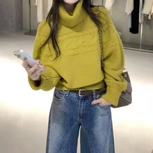 韩系复古蝙蝠袖麻花高领毛衣女秋冬宽松慵懒高级感保暖针织套头衫