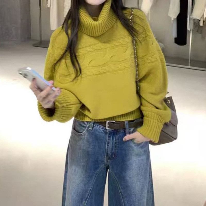 韩系复古蝙蝠袖麻花高领毛衣女秋冬宽松慵懒高级感保暖针织套头衫