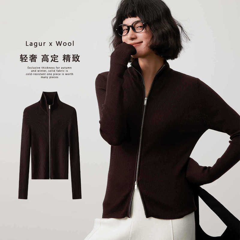 Lagur Double-Ended Zipper Sports Style 100% Pure Wool Paper-Thin Knit Sweater Slimming Cardigan Top for Women in Autumn