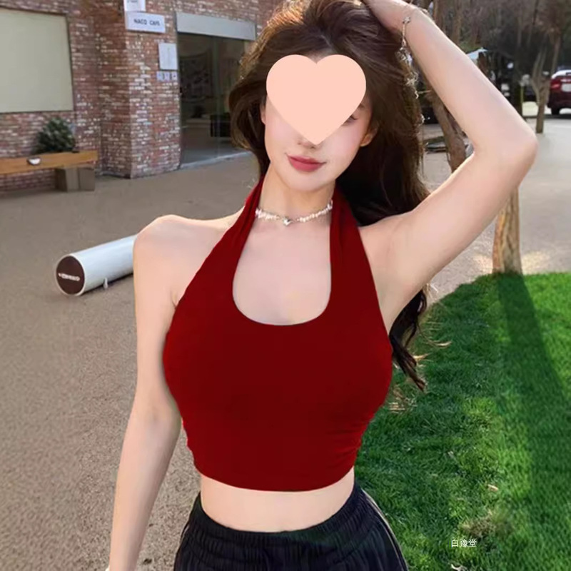 French Style Sweet and Spicy Sexy Neck Vest Leaky Back T-shirt Navel Short Top for Women