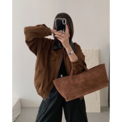 实拍 秋冬复古百搭仿麂皮绒外套女韩版翻领宽松撞色夹克上衣88938