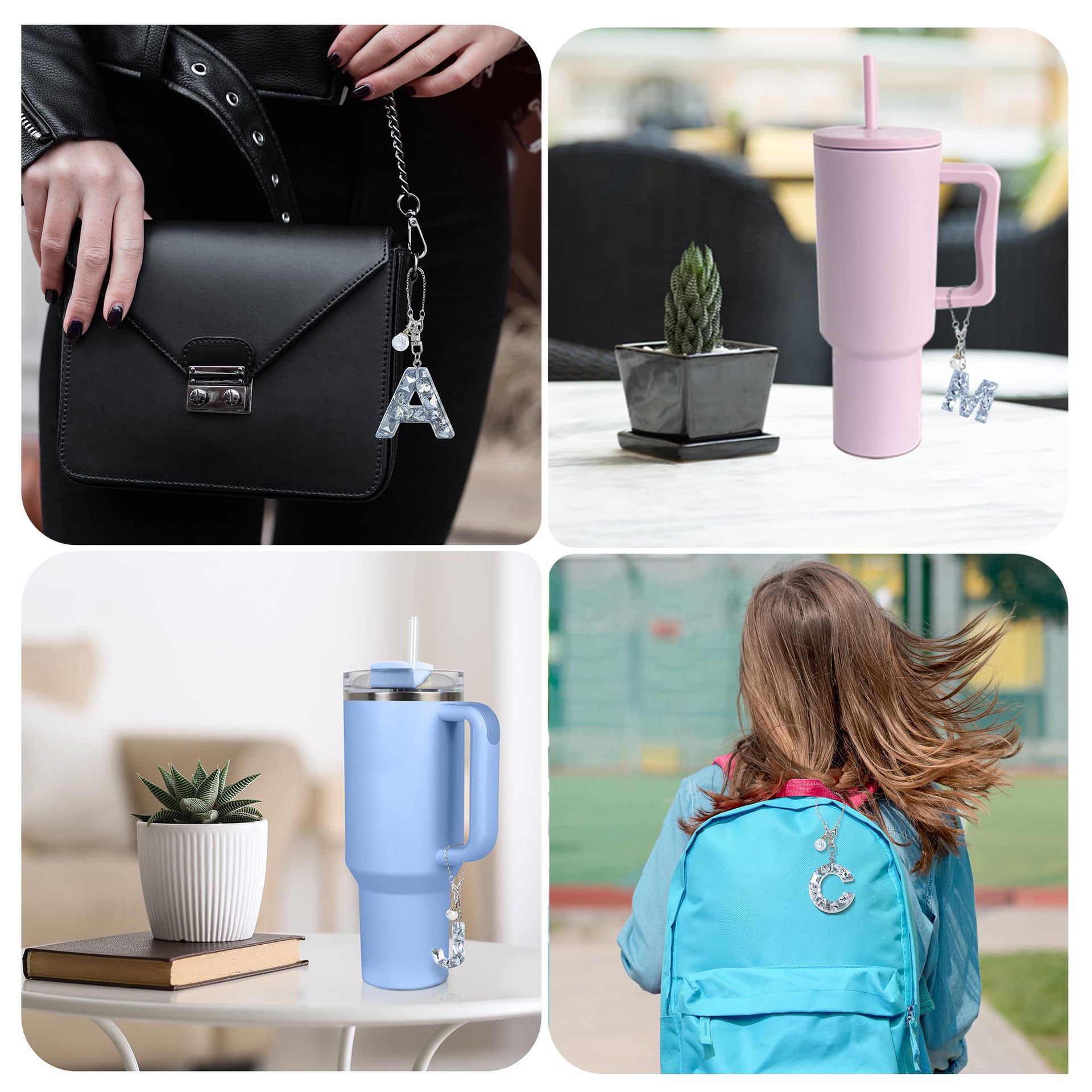 Copa Stanley europea y americana, colgante de letras de diamantes, vaso, cadena de taza de botella, bola de cristal, accesorios de llavero de letras en inglés