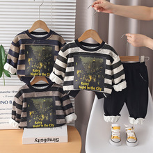 男童装秋冬季长袖加绒条纹印花圆领卫衣小童深秋衣服长袖两件套装