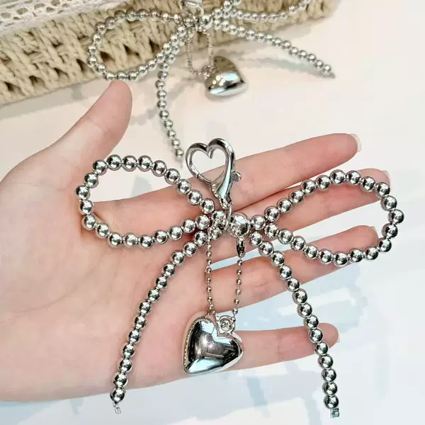 Cross-Border Popular Ins Sweet Imitation Pearl Bow Mobile Phone Pendant Silver Heart Keychain Bag Pendant
